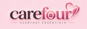 Carefour Everyday Essentials logo on a soft pink background, with the brand name in dark brown and pink lettering and a heart-shaped leaf accent.